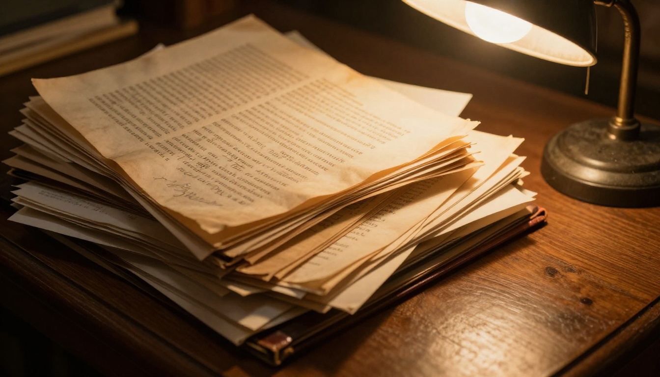 Stack of aged historical documents and manuscripts with pencil annotations in warm reading lamp light Stack of aged historical documents and manuscripts with pencil annotations in warm reading lamp light