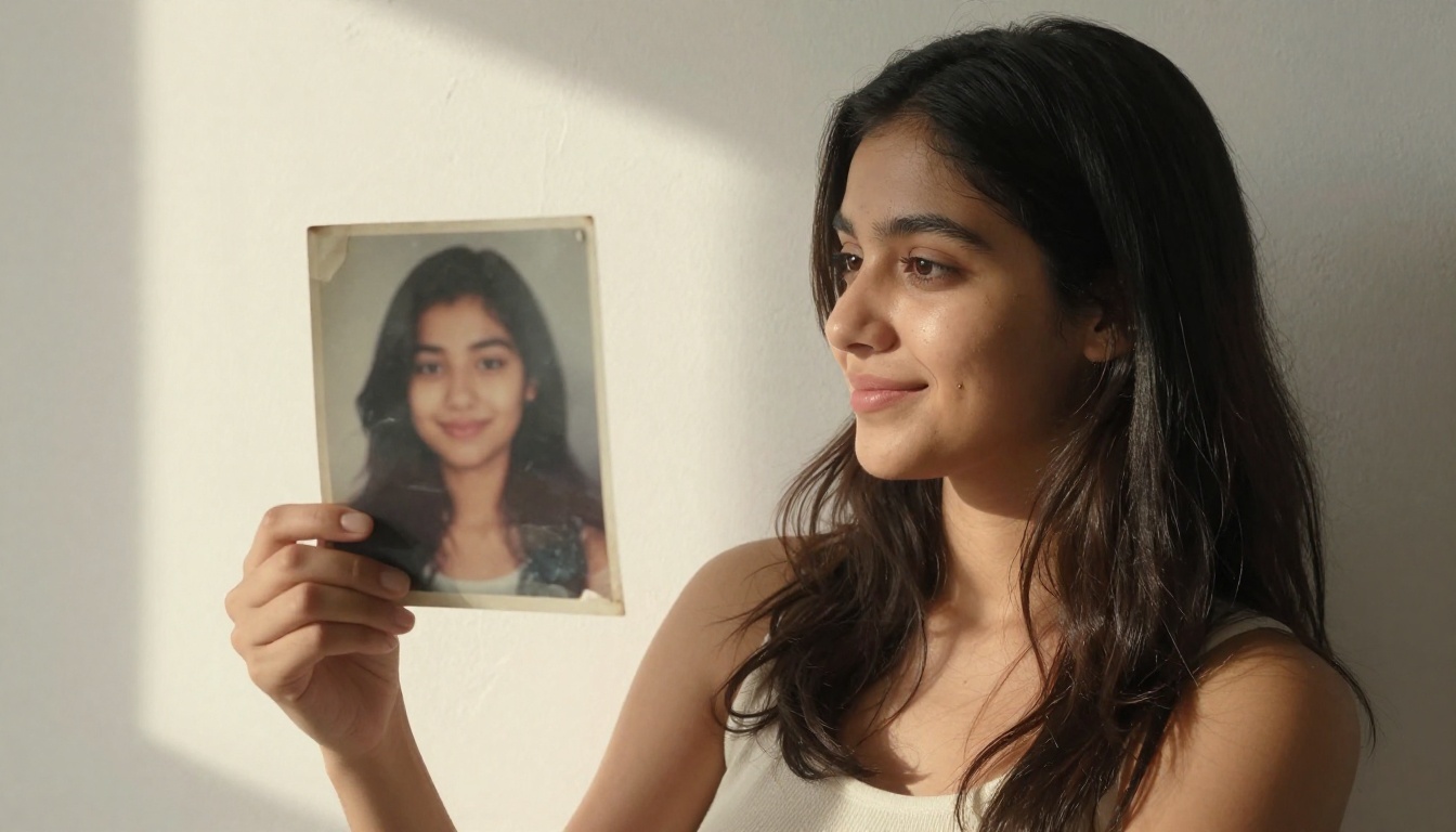 Woman holding an old blurry photograph and comparing it to her current sharp appearance Woman holding an old blurry photograph and comparing it to her current sharp appearance