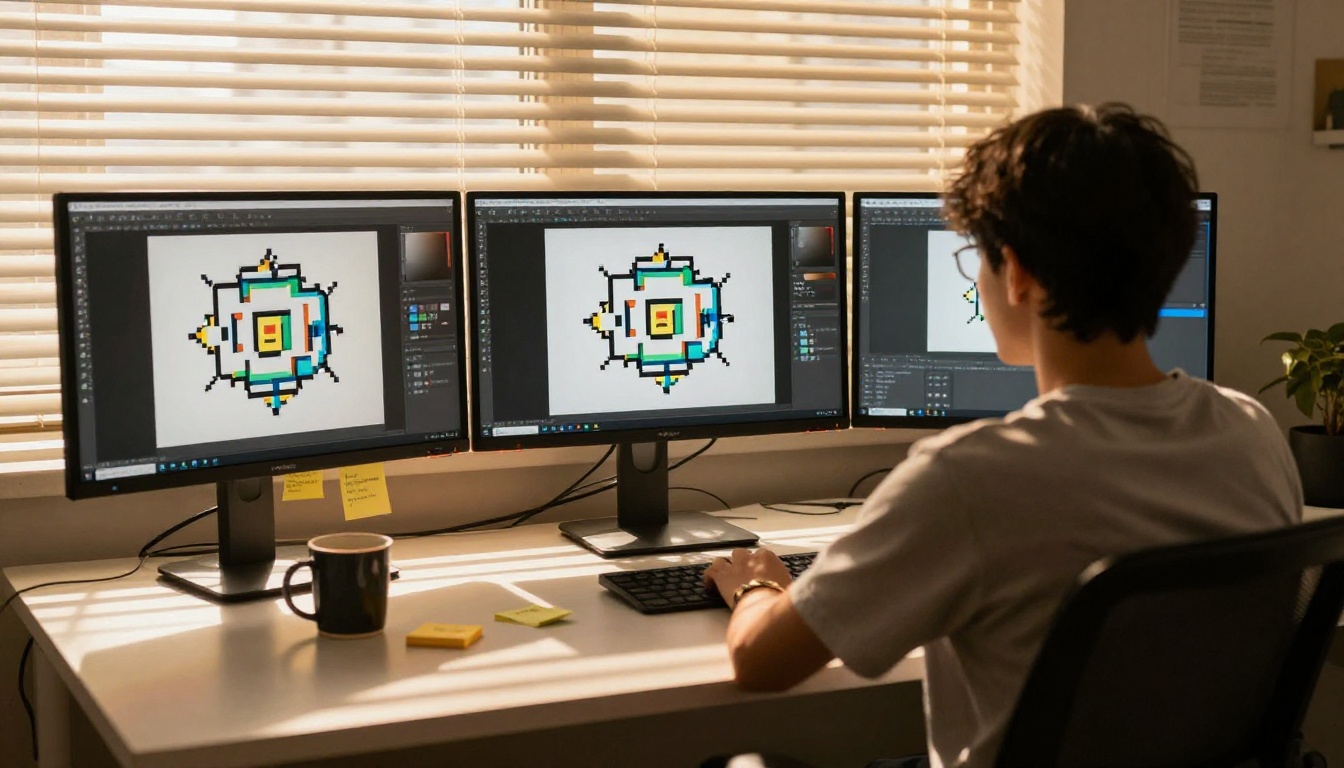 Designer workspace with three monitors showing pixel art upscaling workflow