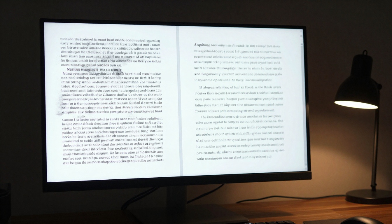 Side-by-side monitor comparison showing blurry versus sharp scanned document with desk lamp in dark office Side-by-side monitor comparison showing blurry versus sharp scanned document with desk lamp in dark office