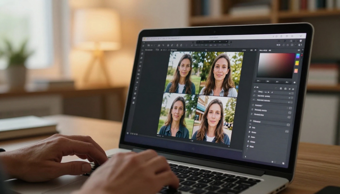 Close-up of a laptop screen showing an AI face restoration interface with hands typing on the keyboard Close-up of a laptop screen showing an AI face restoration interface with hands typing on the keyboard