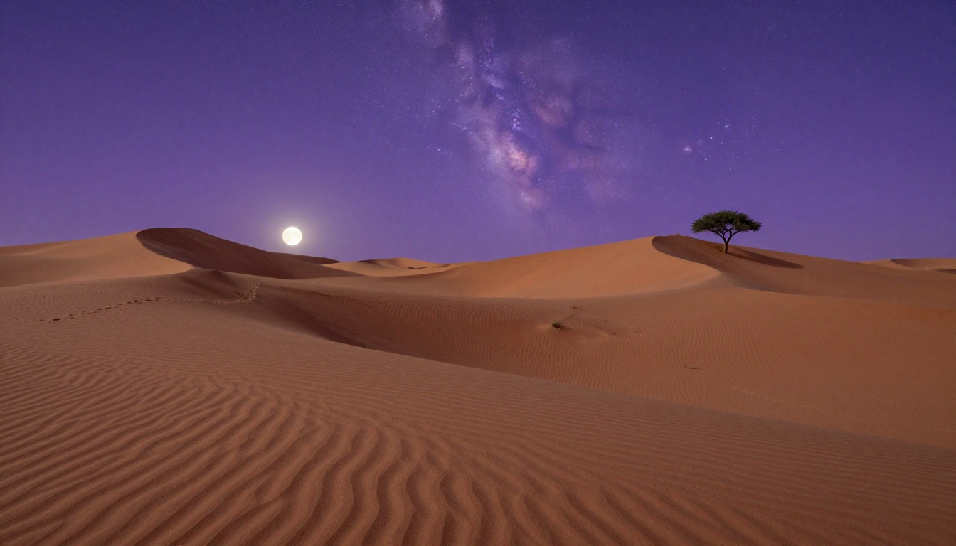 A Saharan desert landscape at twilight, rippled sand dunes, lone acacia tree, full moon rising, Milky Way, Kodak Portra 800, photorealistic 8K