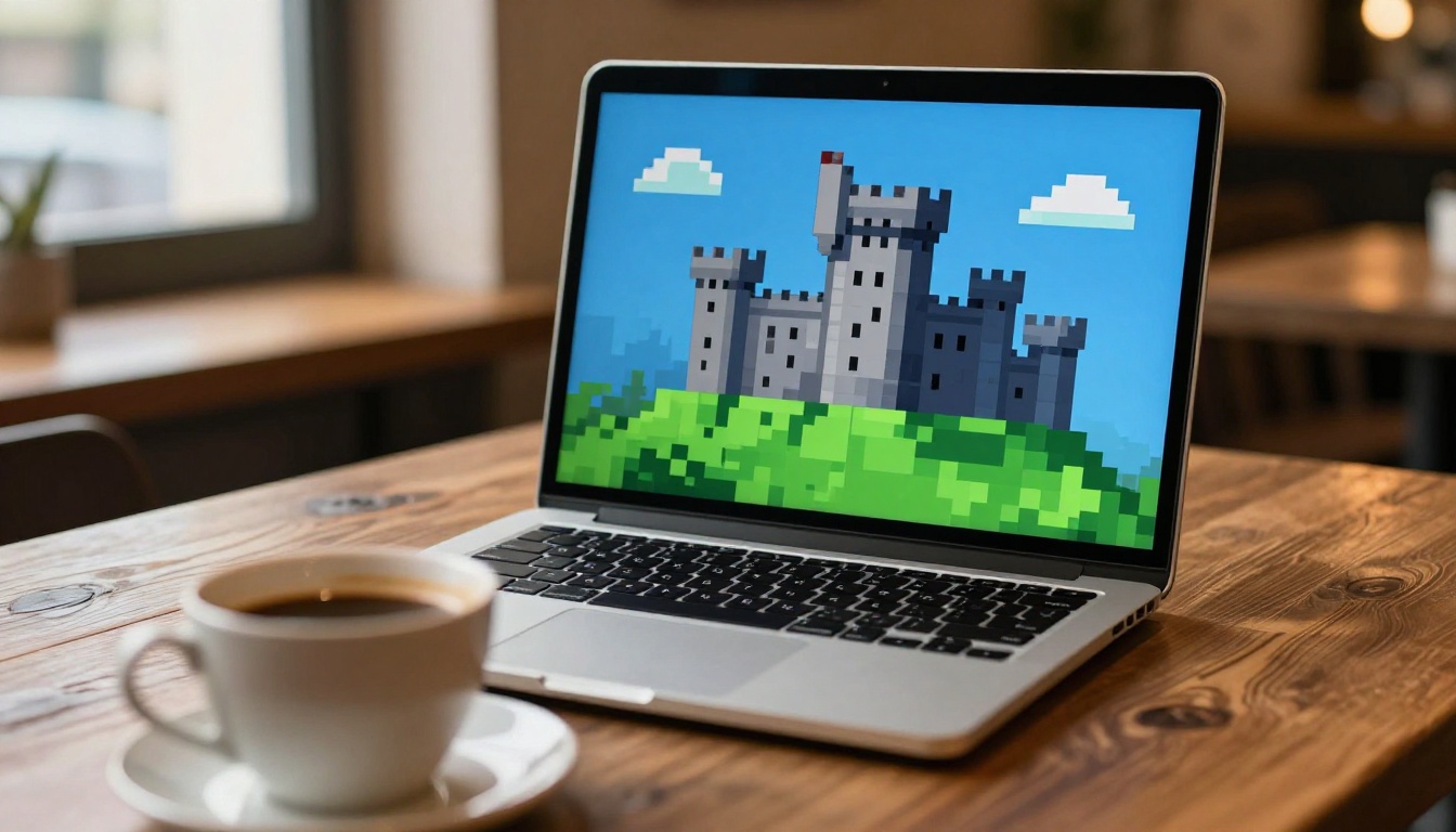 Laptop screen showing crisp pixel art landscape in a café setting