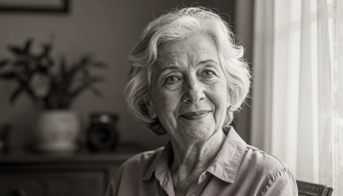 Senior woman portrait with extraordinary sharpness and detail, silver hair, warm window light Senior woman portrait with extraordinary sharpness and detail, silver hair, warm window light