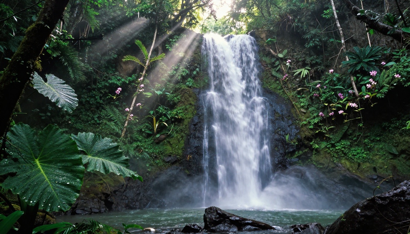 A tropical Costa Rican waterfall in a lush rainforest, silk-effect water, elephant ear leaves, light beams through canopy, Fujichrome Velvia, photorealistic 8K