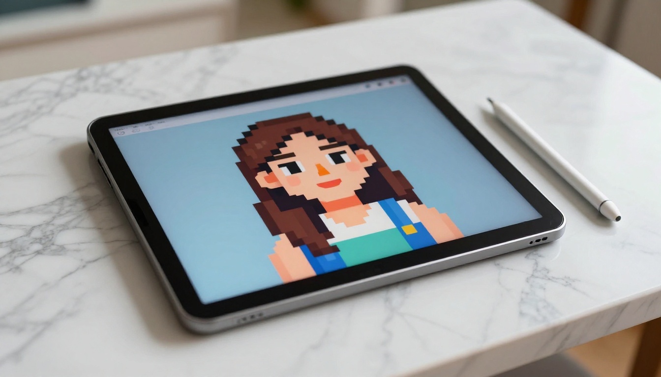 Tablet with pixel art portrait on marble desk with stylus