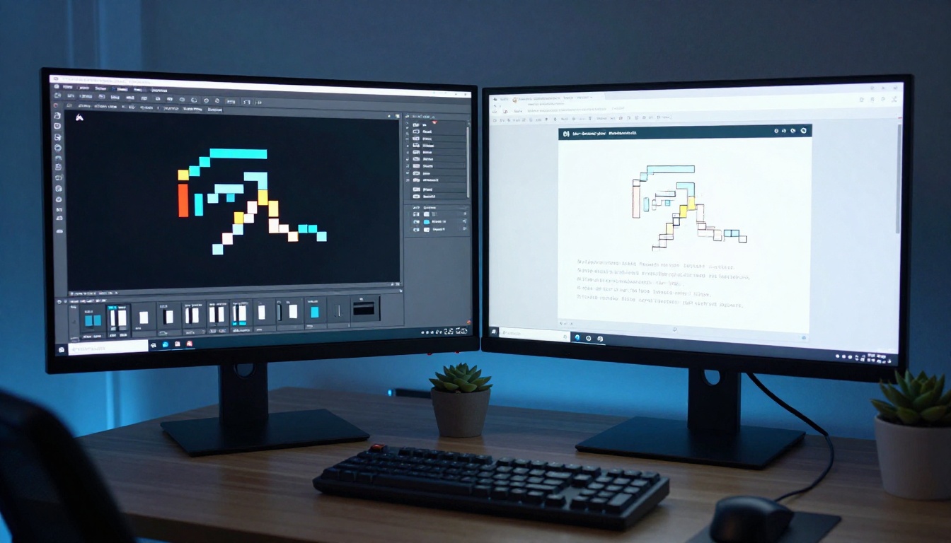 Developer setup with dual monitors showing before and after AI upscaling comparison