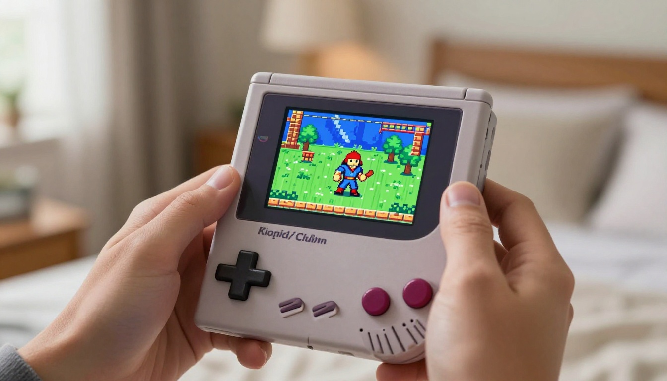 Retro Game Boy held by hands showing pixel art RPG dungeon scene