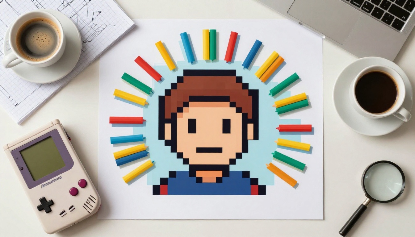 Aerial flat-lay of designer desk with pixel art poster, Game Boy, graph paper, and espresso