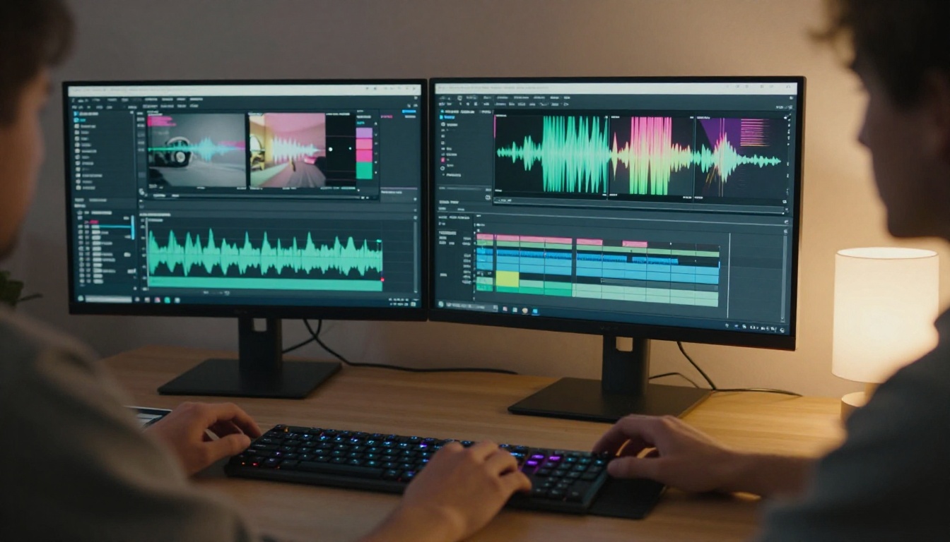 Video editing timeline with waveforms on screen