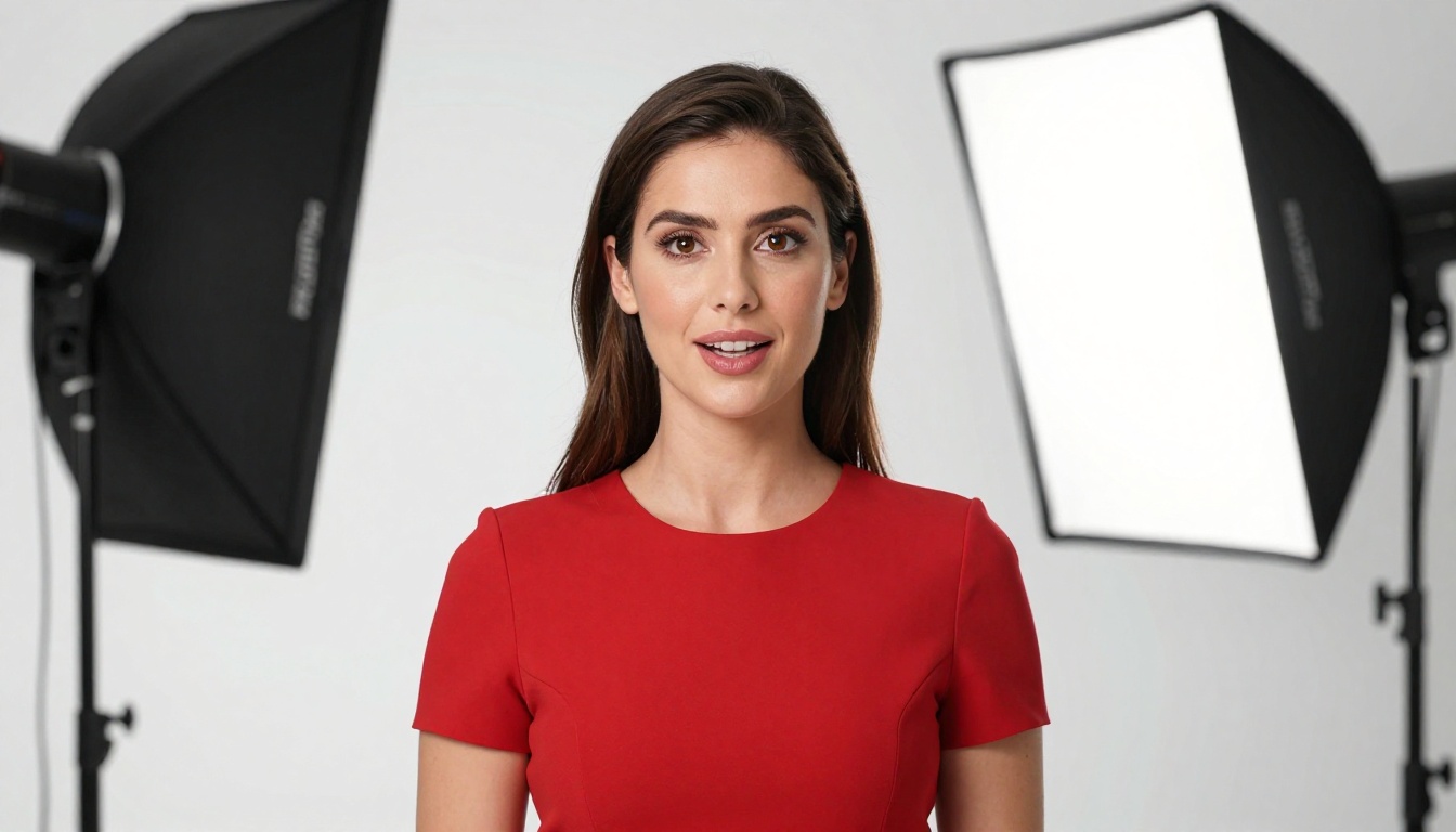 Professional model in white studio speaking to camera