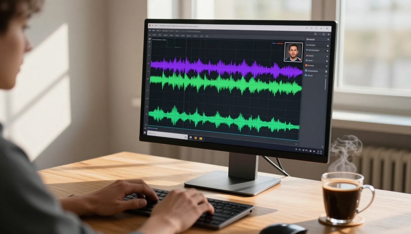 Monitor displaying audio waveform and face detection overlay
