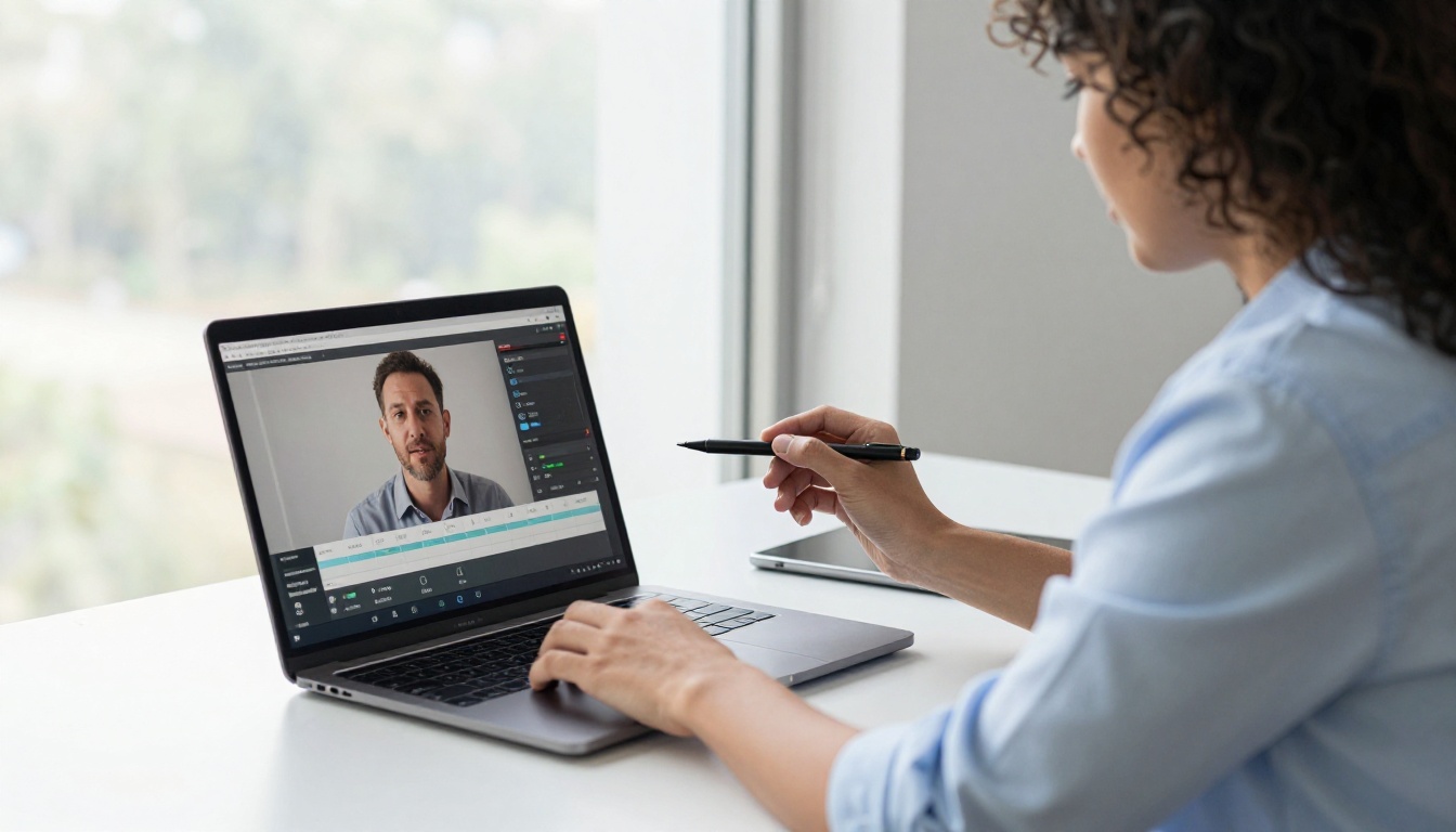 Marketing professional reviewing video ad on laptop Marketing professional reviewing video ad on laptop