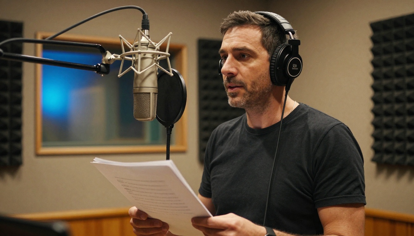 Professional voiceover artist in recording booth Professional voiceover artist in recording booth