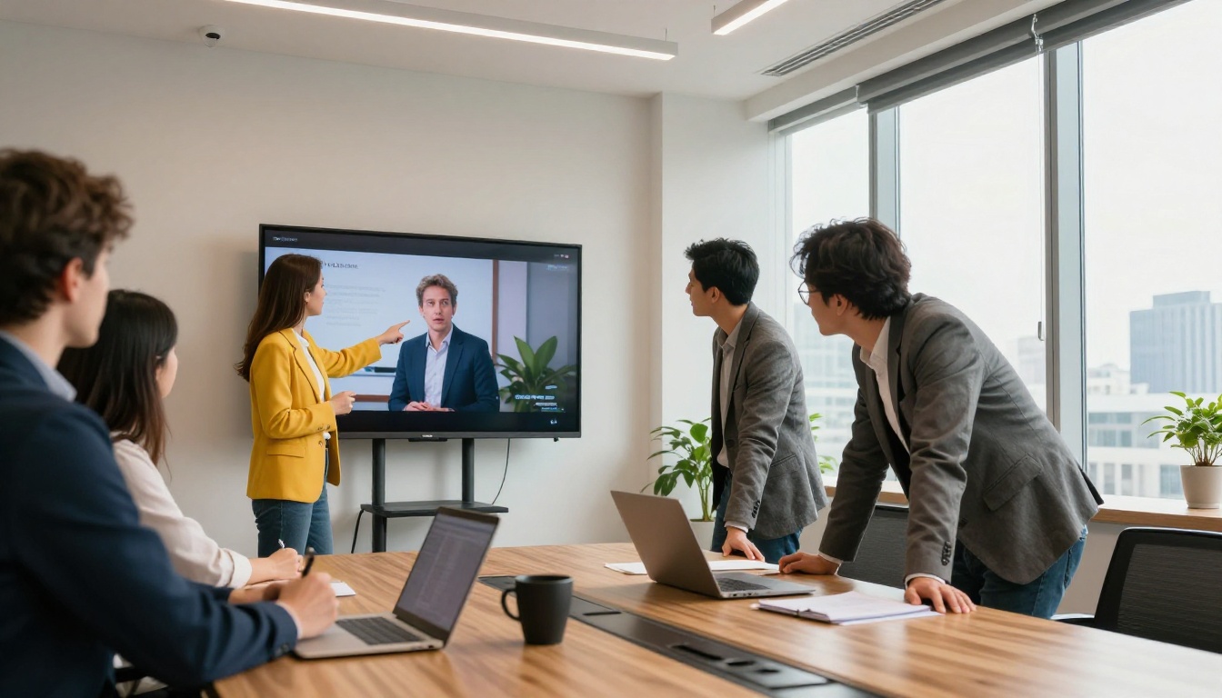 Advertising team reviewing video ad in modern office Advertising team reviewing video ad in modern office