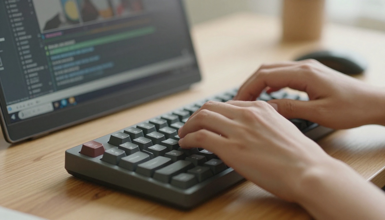 Close-up of hands typing on keyboard with Spanish captions visible on screen in background