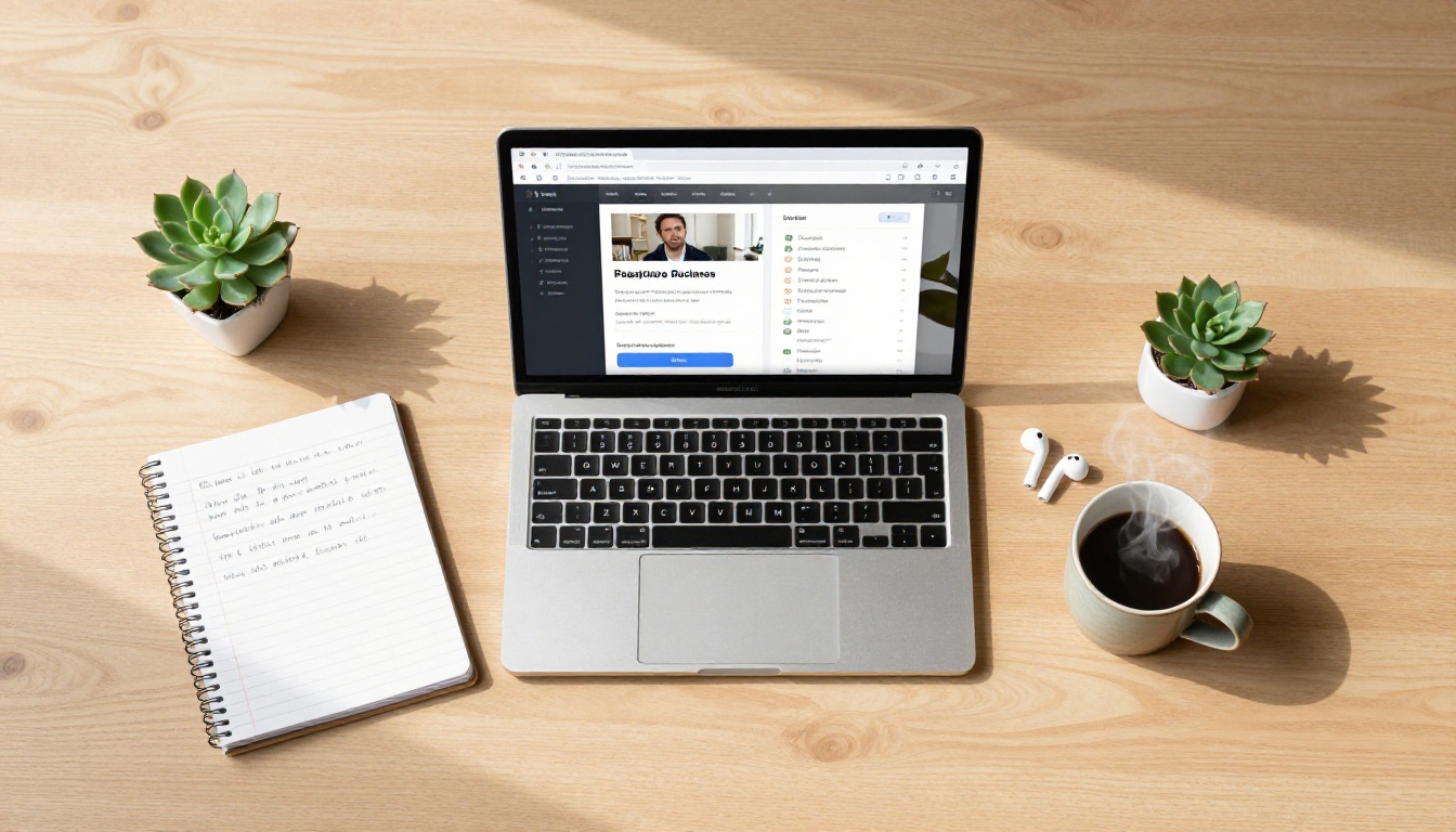Aerial top-down view of minimalist workspace with laptop open to Spanish tutorial interface