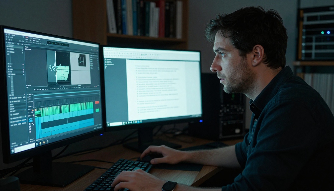 Professional video editor working at dual-monitor station reviewing Spanish transcript