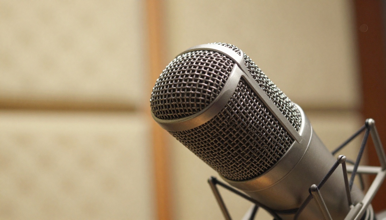 Extreme close-up of professional studio condenser microphone with warm bokeh background