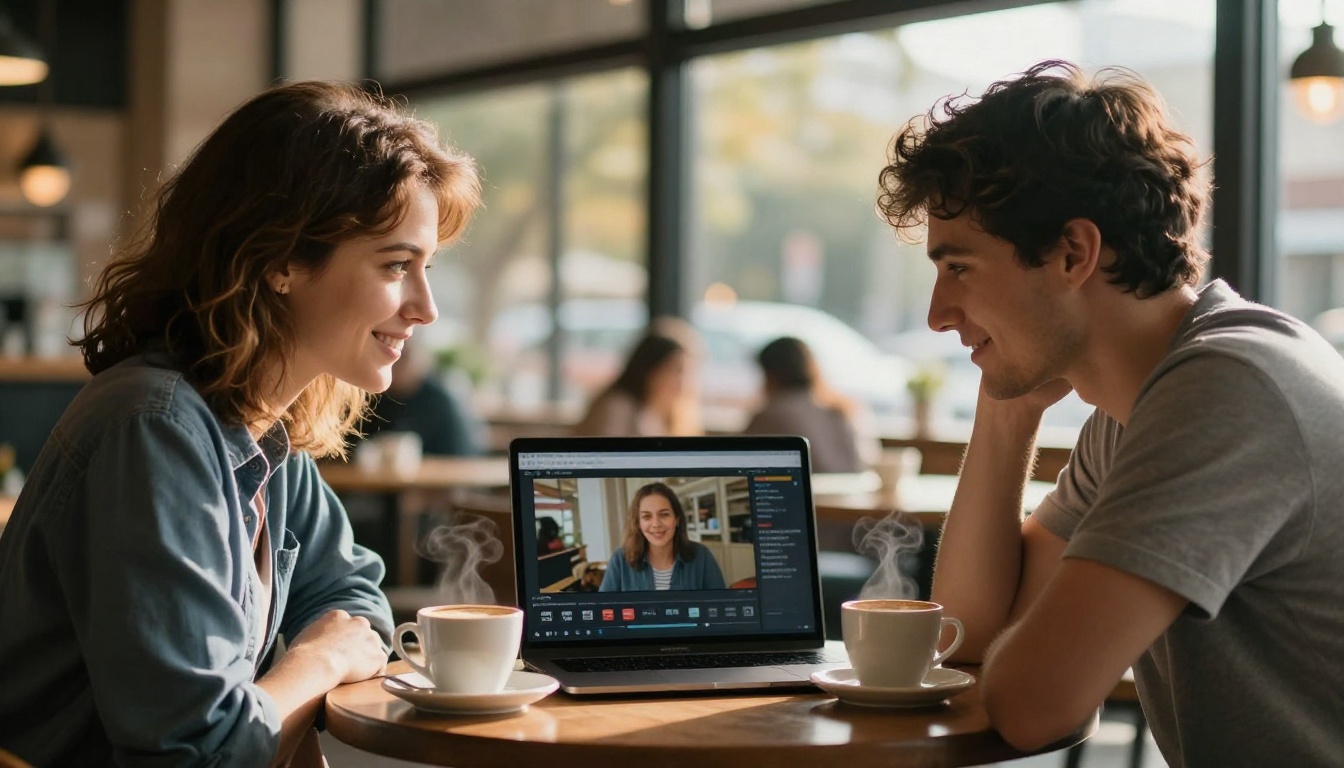 Two colleagues leaning toward a laptop at a café, watching a Spanish tutorial together