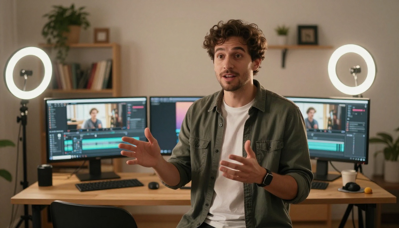 Confident male content creator presenting in a well-organized home studio with two monitors and warm lighting