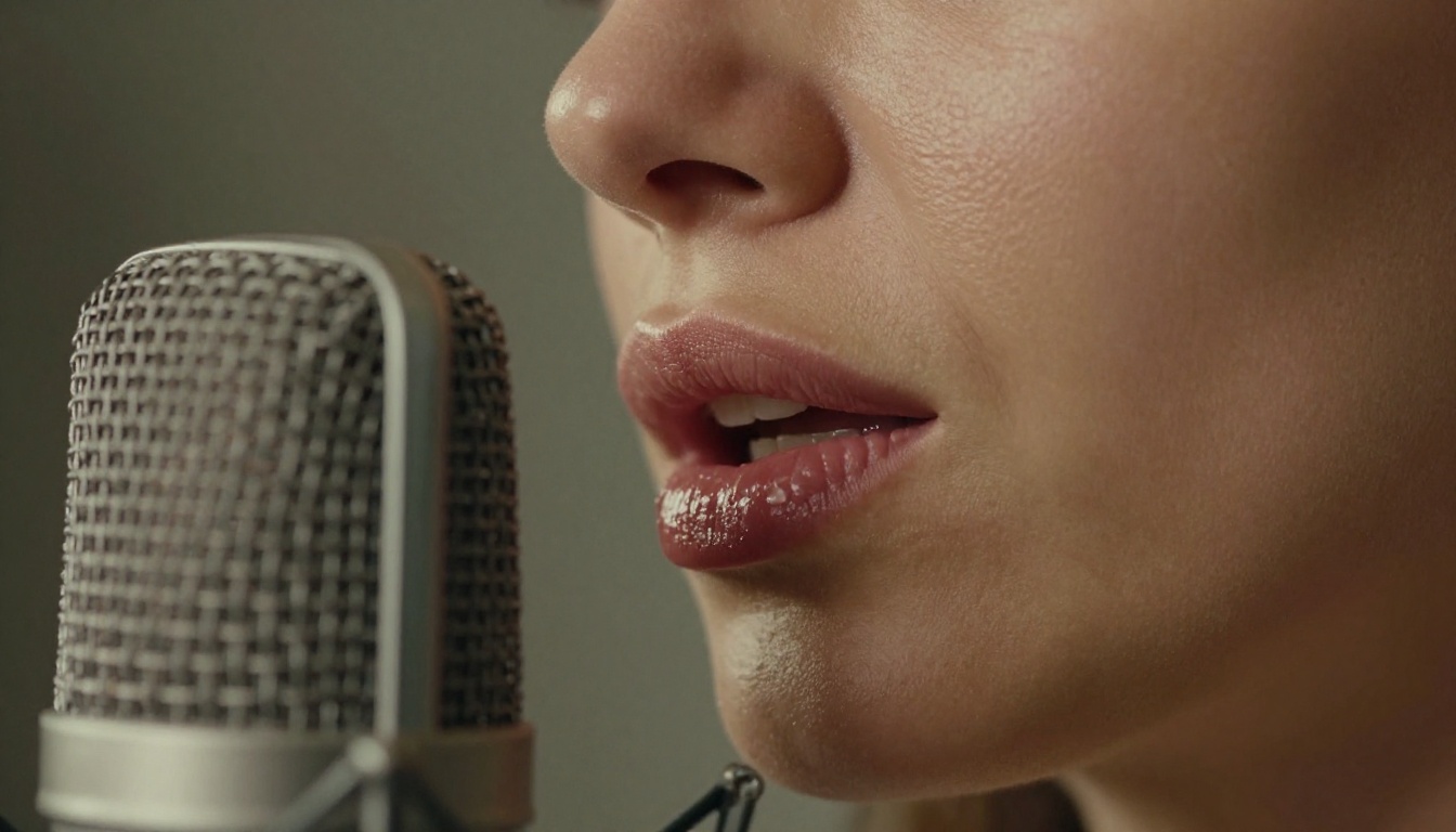 Professional presenter recording a voiceover, close-up of lips and microphone