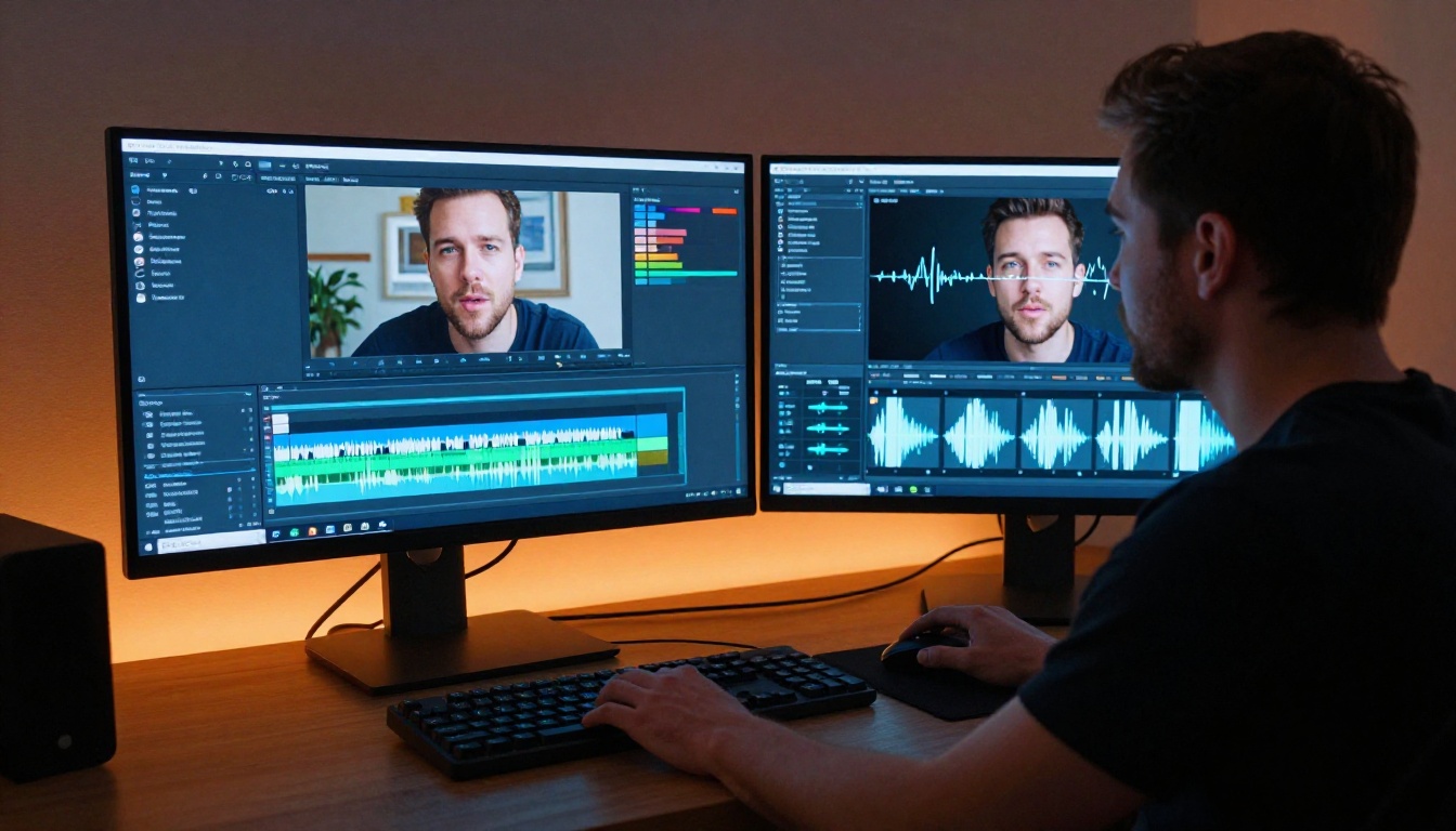 An AI avatar workflow seen through dual monitors, with waveform audio tracks and lip movement analysis