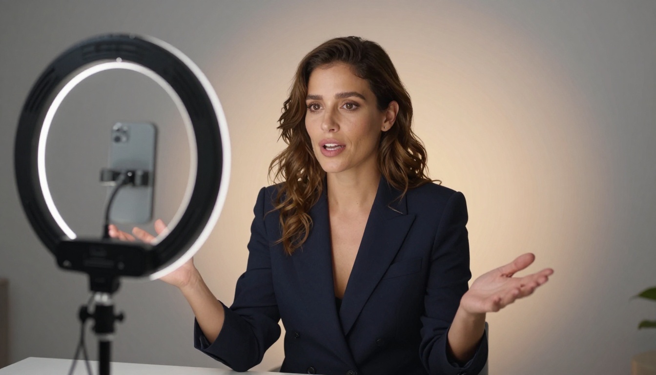 A professional woman speaking confidently in a home studio setup with warm ring lighting