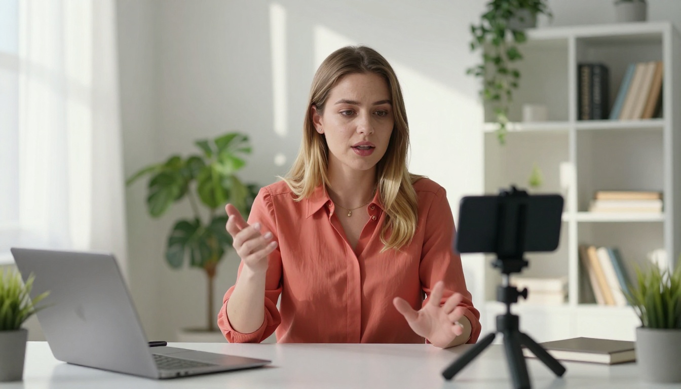 A woman recording a product demo video in a Scandinavian-style home office with natural light A woman recording a product demo video in a Scandinavian-style home office with natural light