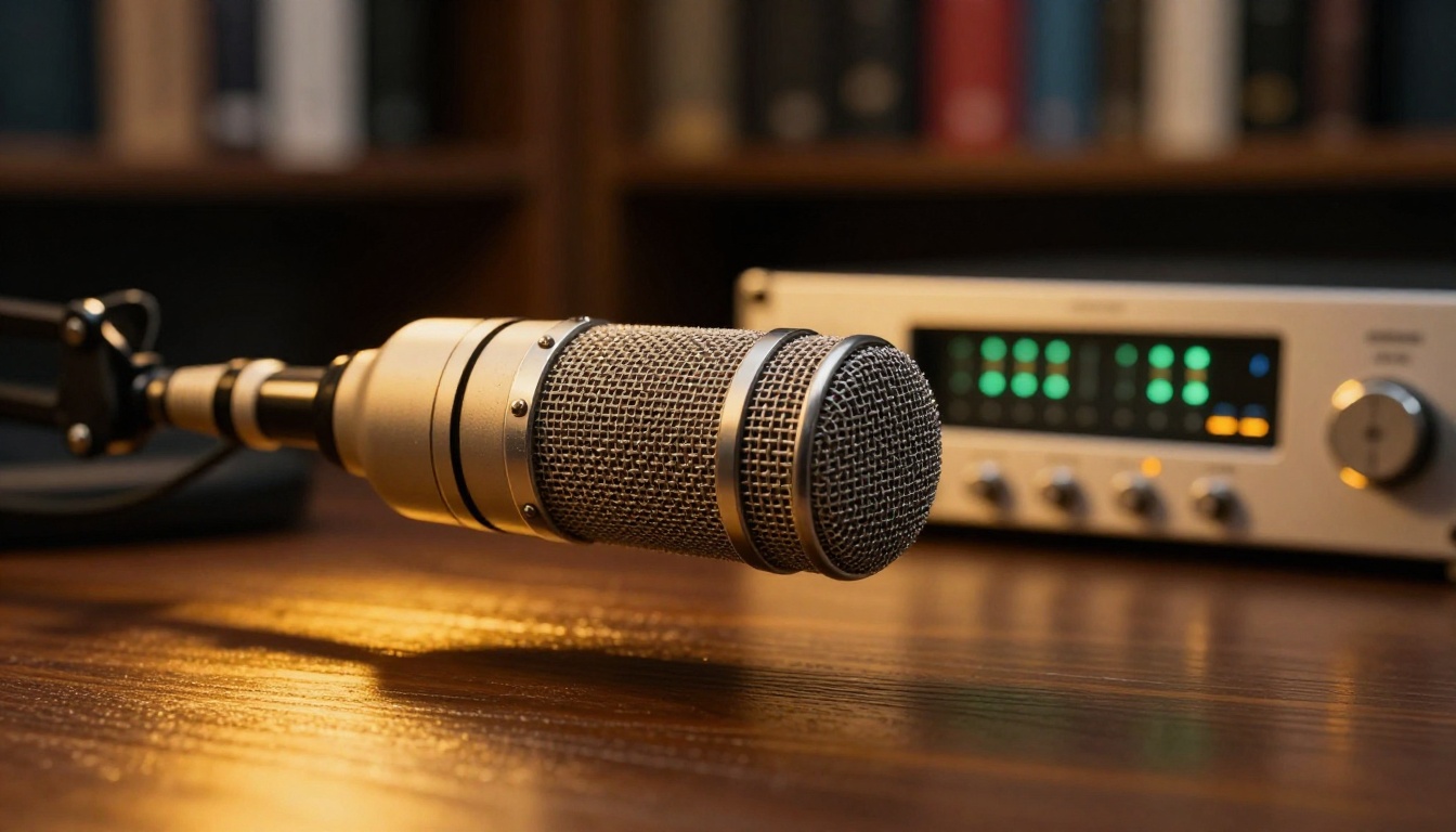 Professional condenser microphone in a dark studio with warm tungsten lighting and audio interface meters visible