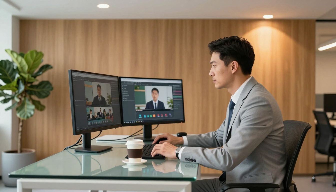 A professional man reviewing video recordings on dual monitors in a warm modern office