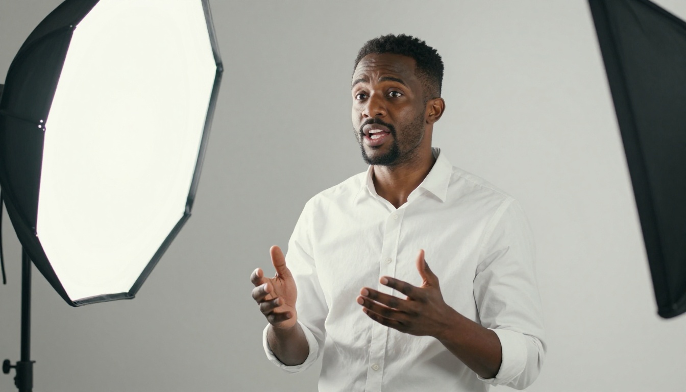 Black male entrepreneur presenting confidently to camera, hands gesturing naturally in a clean white studio