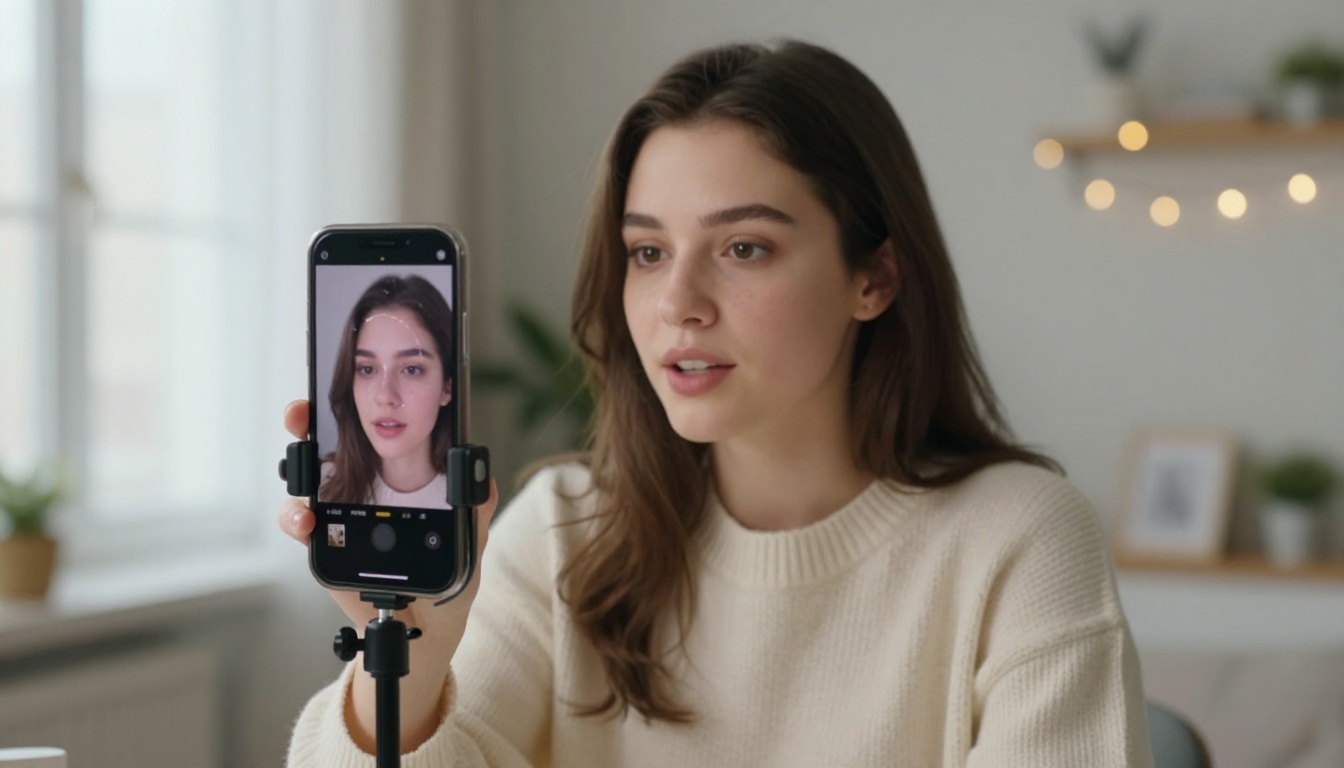 Young woman creating avatar content at home using a smartphone on a tripod with warm window light Young woman creating avatar content at home using a smartphone on a tripod with warm window light