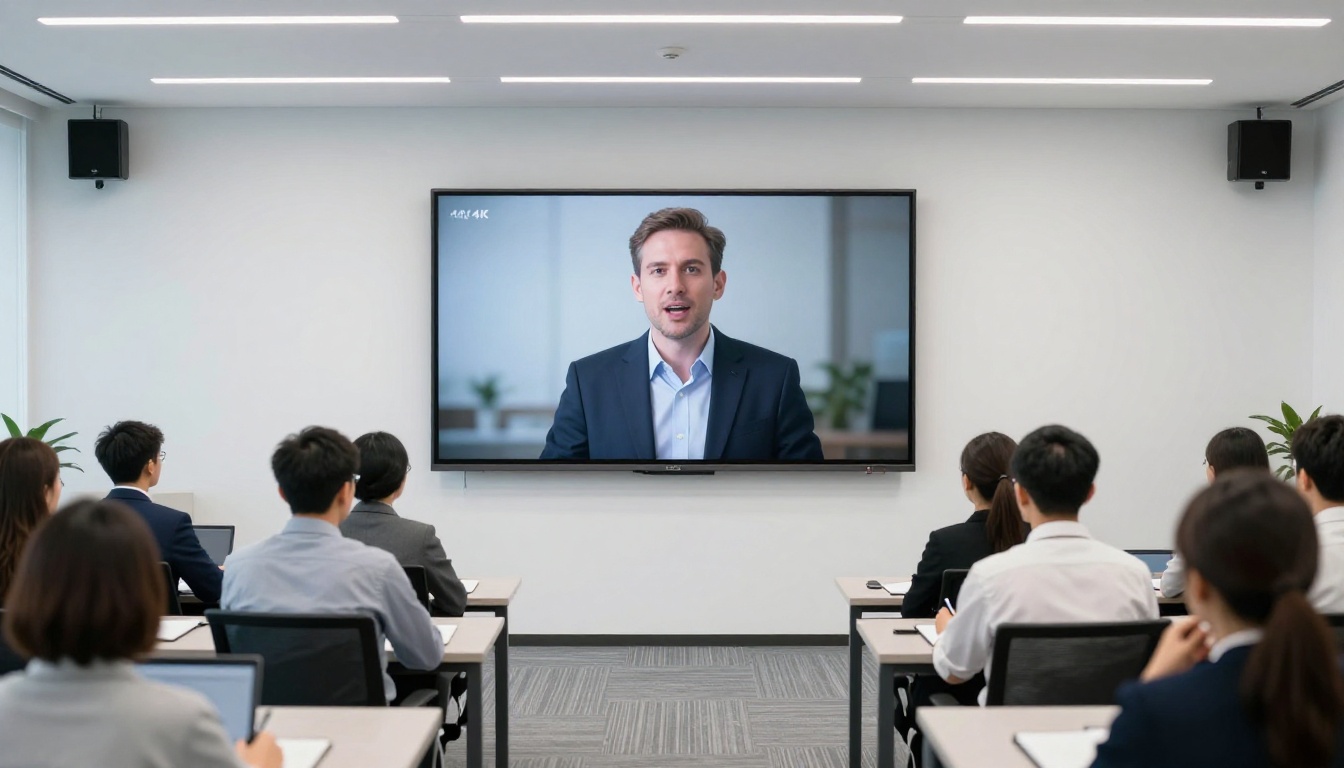 Corporate training room with wall-mounted screen showing AI avatar presenter, employees with notebooks in the foreground Corporate training room with wall-mounted screen showing AI avatar presenter, employees with notebooks in the foreground