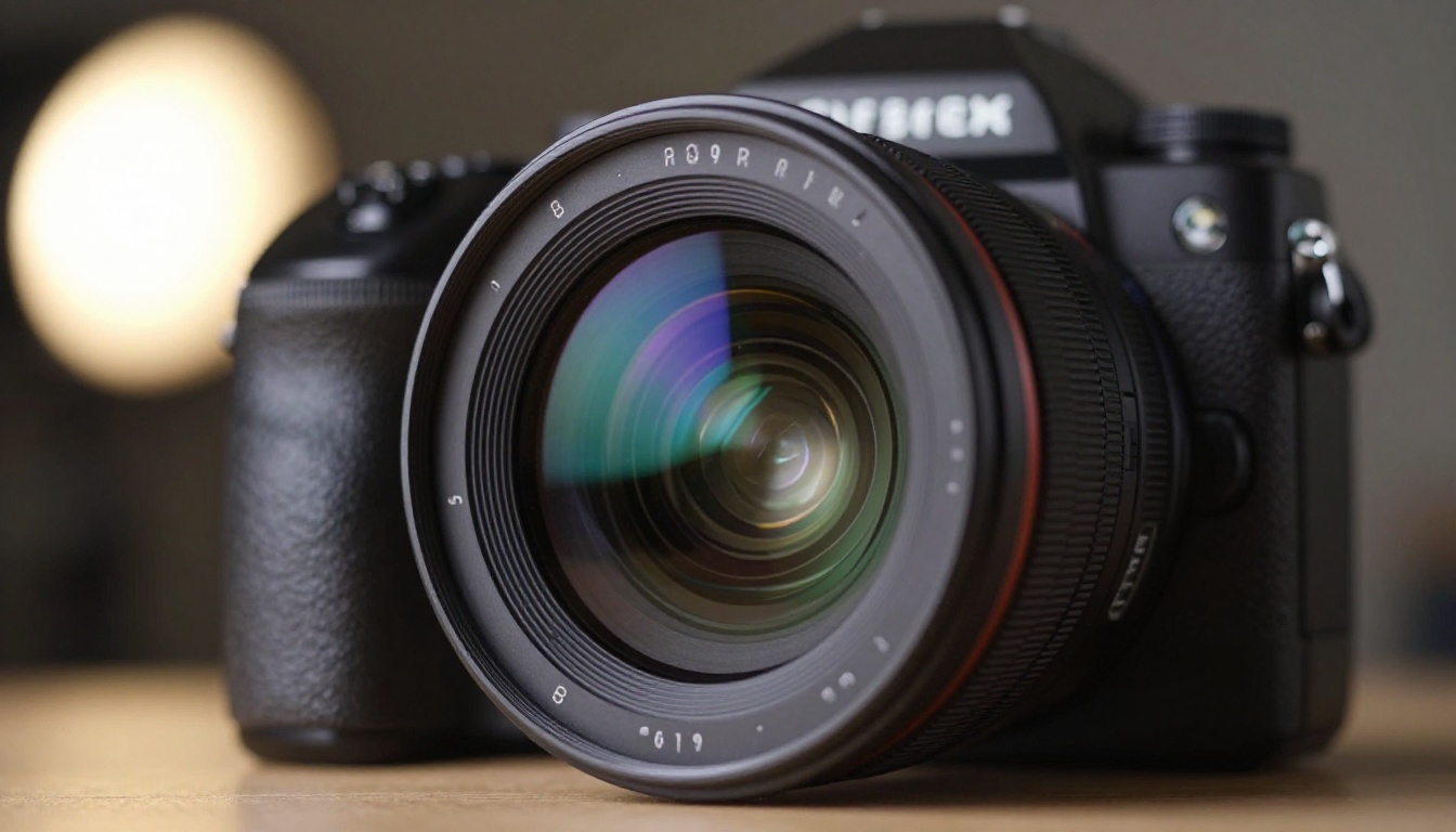 Professional cinema camera lens with iridescent multi-coated glass elements, bokeh studio lights in background Professional cinema camera lens with iridescent multi-coated glass elements, bokeh studio lights in background