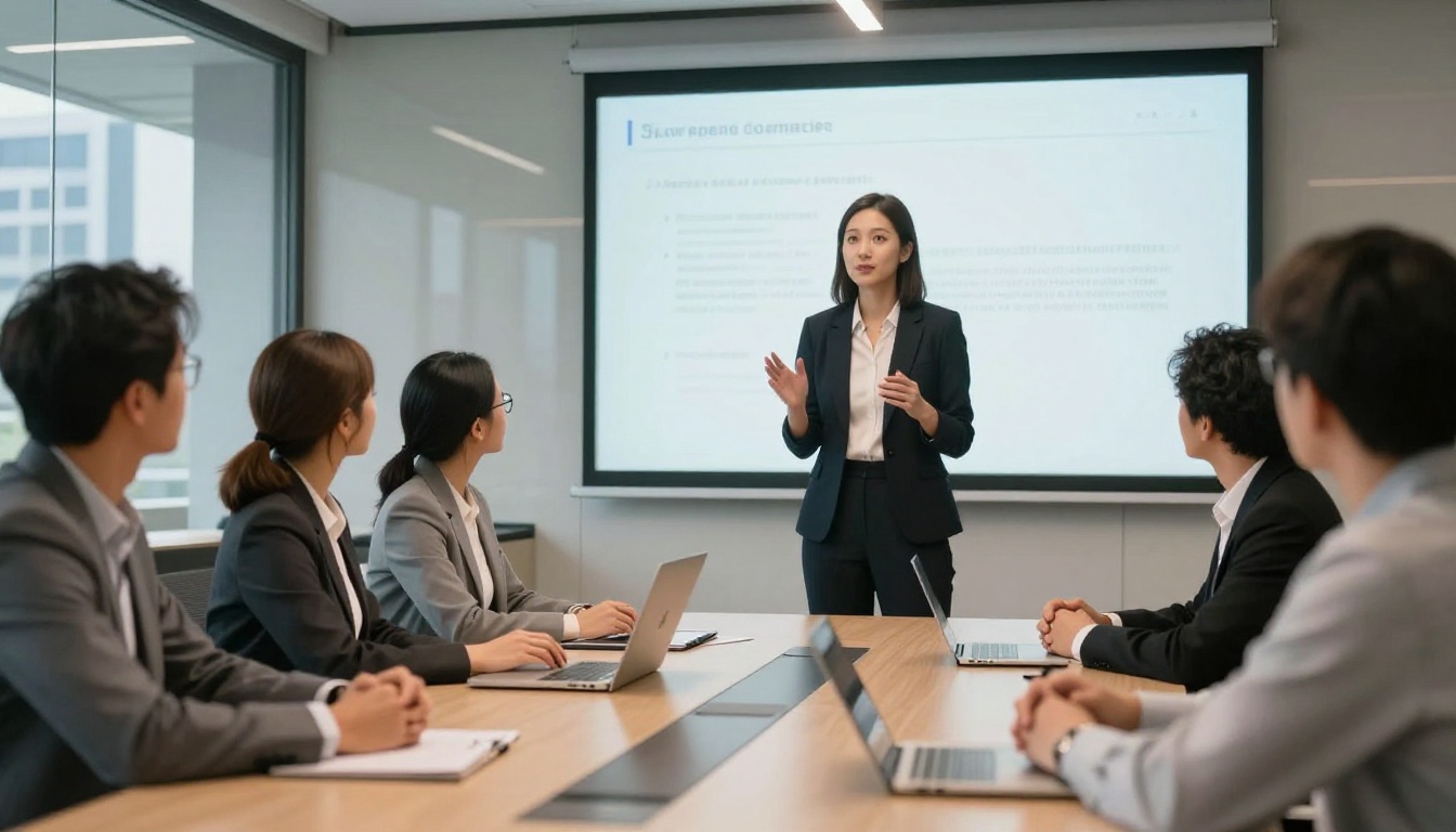 A group of diverse professionals watching a female AI presenter on a large screen during a meeting