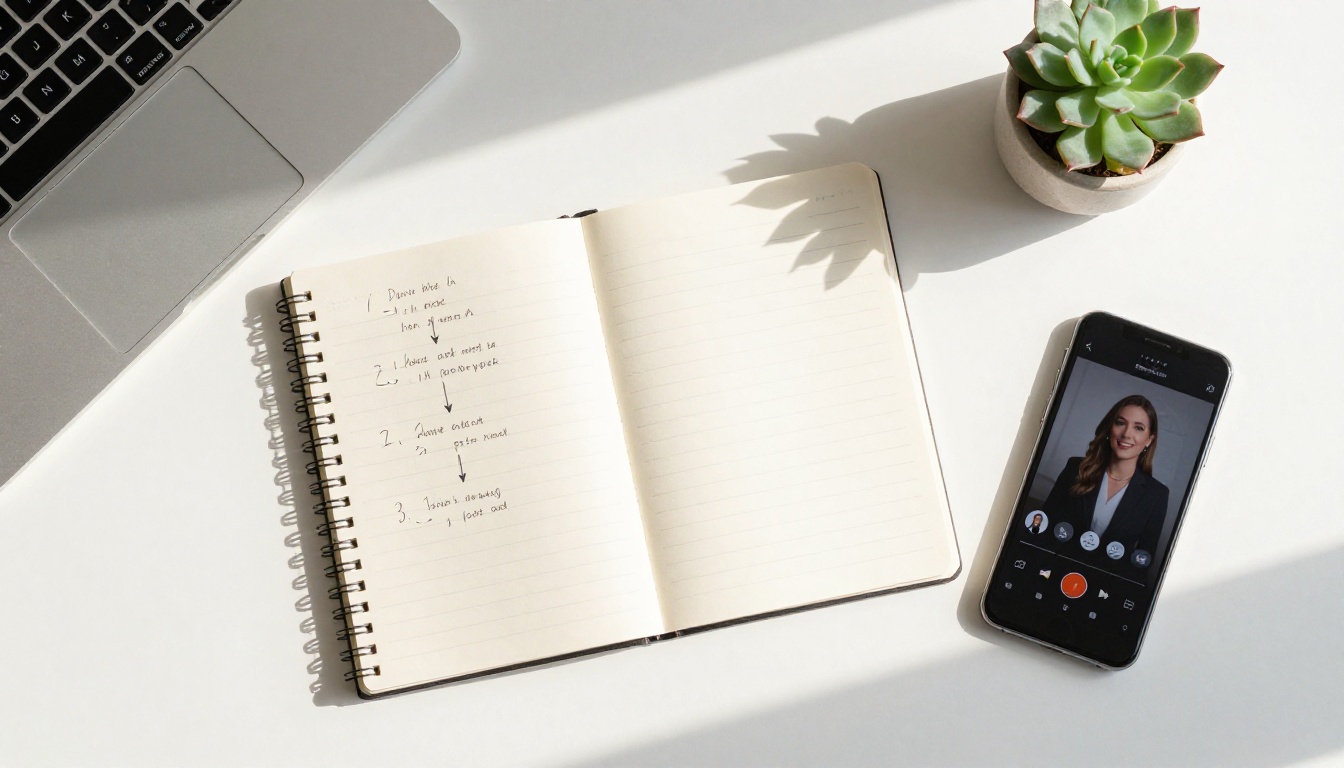 Overhead workspace flat lay with handwritten notes, keyboard, and a phone showing a video presenter