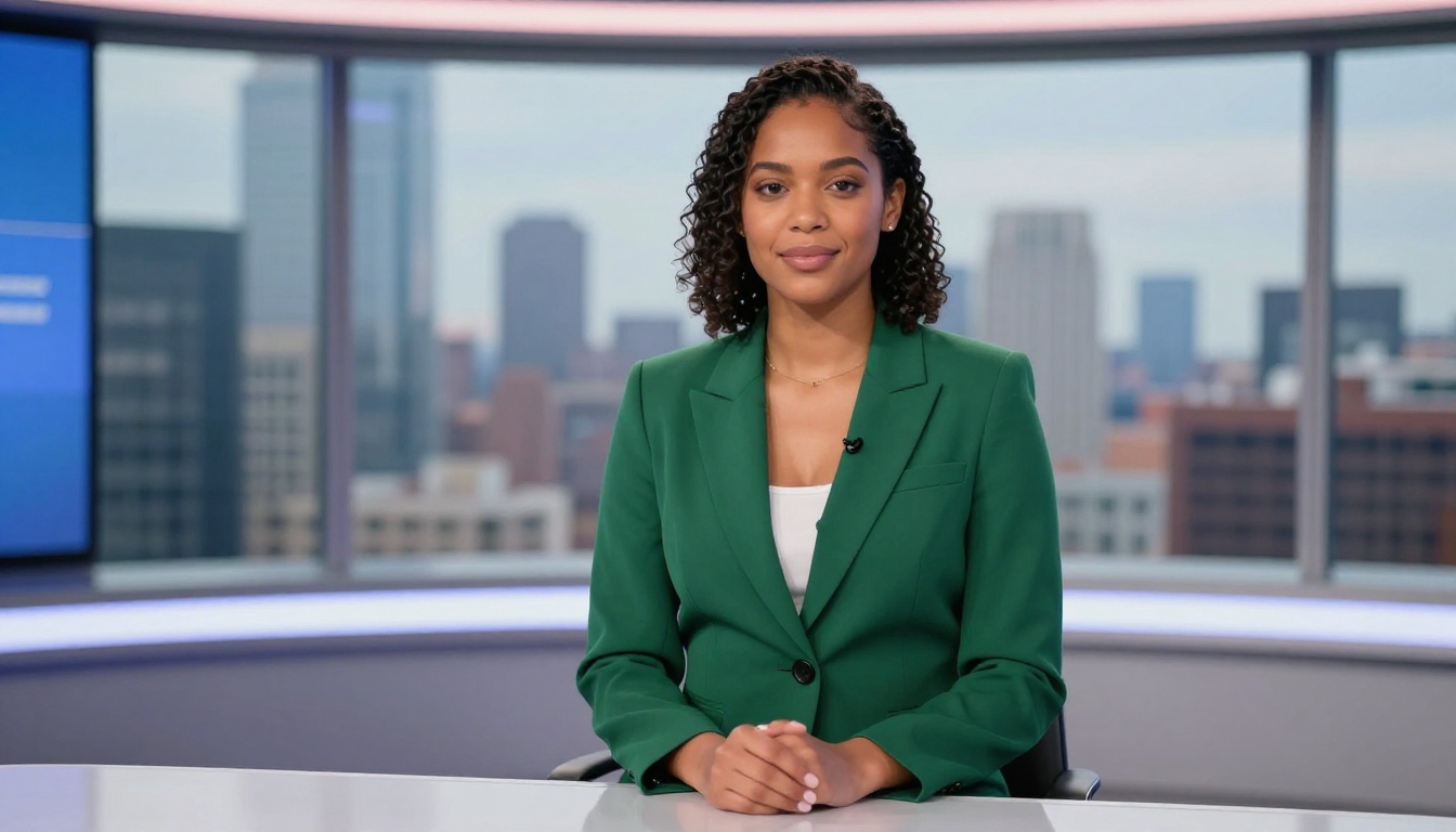 A woman with natural coils in an emerald green blazer presenting confidently in a broadcast media studio