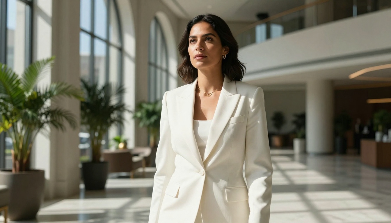 A confident Latina businesswoman in a white blazer standing in a sunlit modern lobby, low-angle shot A confident Latina businesswoman in a white blazer standing in a sunlit modern lobby, low-angle shot