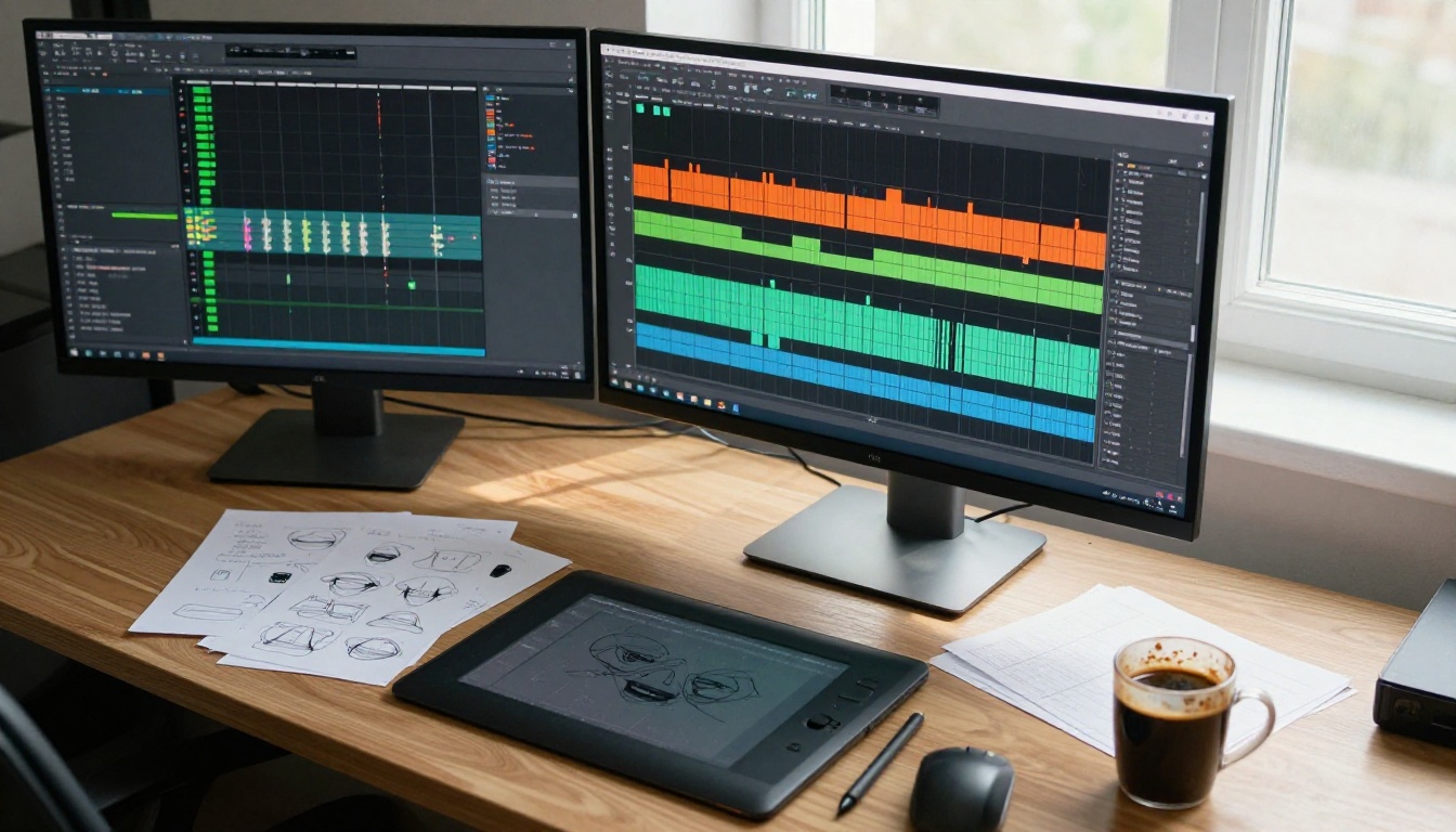 Animation workstation with waveform timeline and mouth shape references
