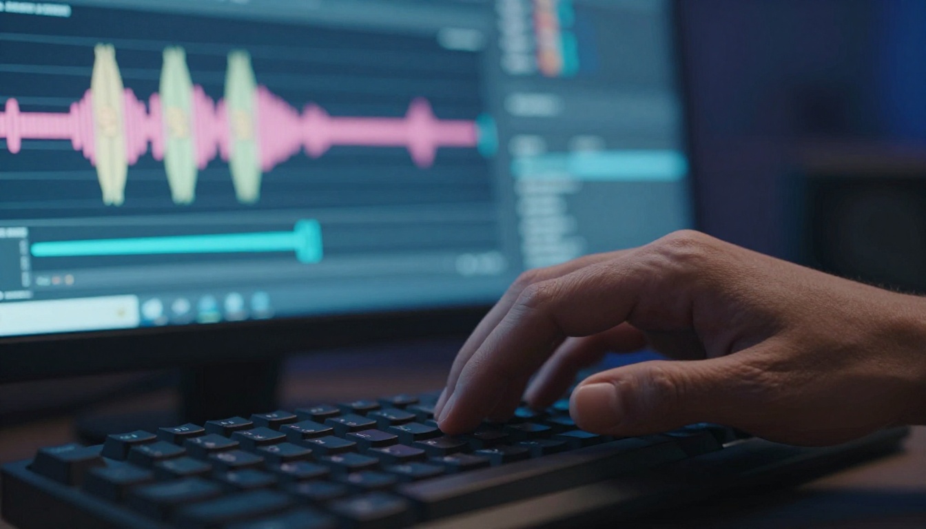 Animator's hands on keyboard with audio waveform sync visible on monitor behind