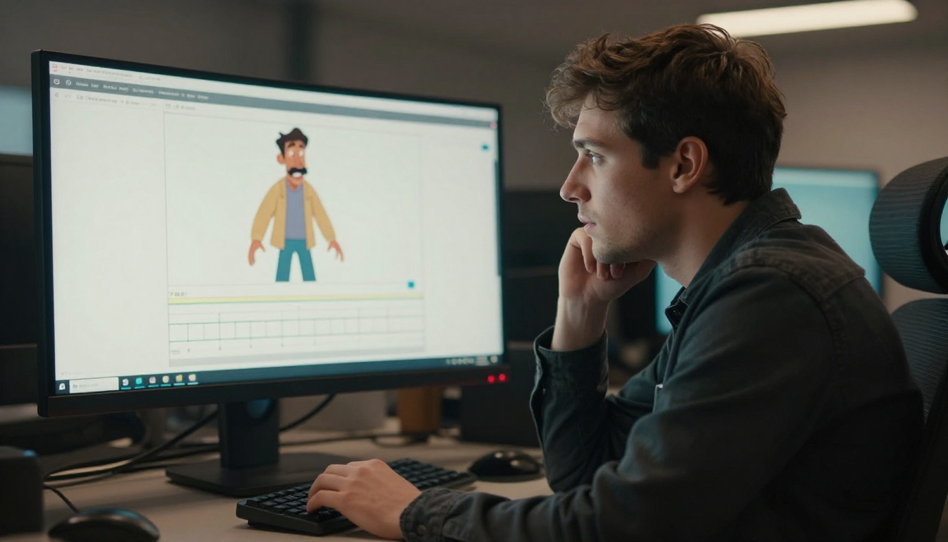 Animation director reviewing lip sync timeline on ultrawide monitor