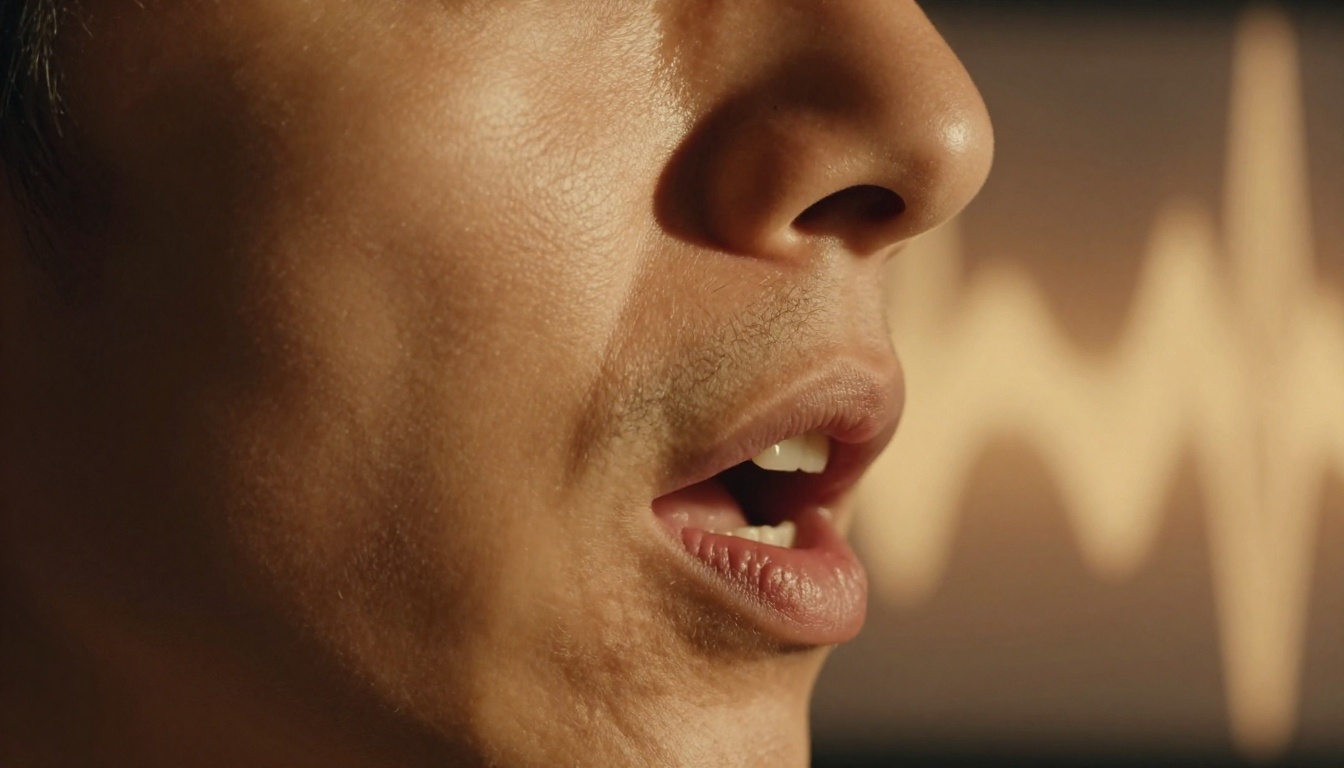 Extreme close-up of a face in profile mid-speech capturing phoneme articulation
