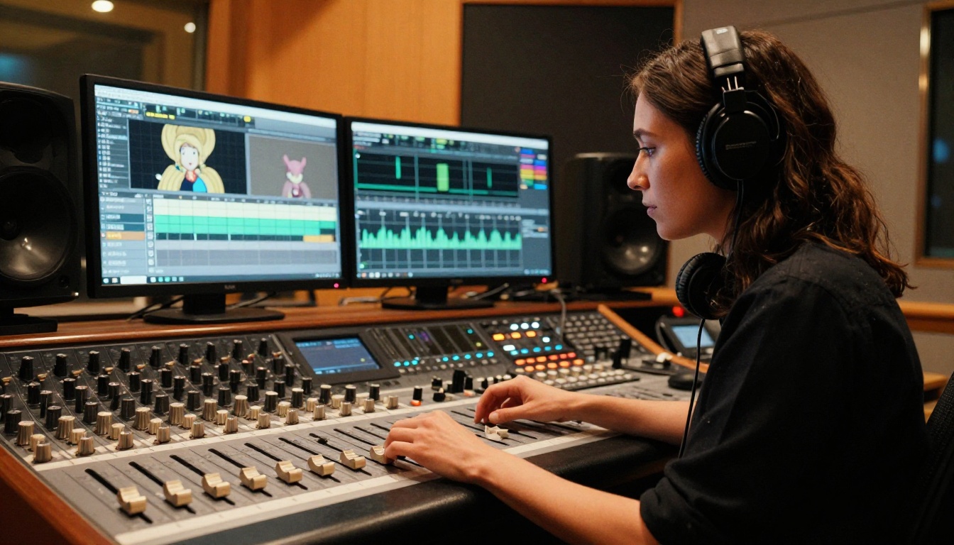 Audio engineer at mixing console reviewing animated character sync