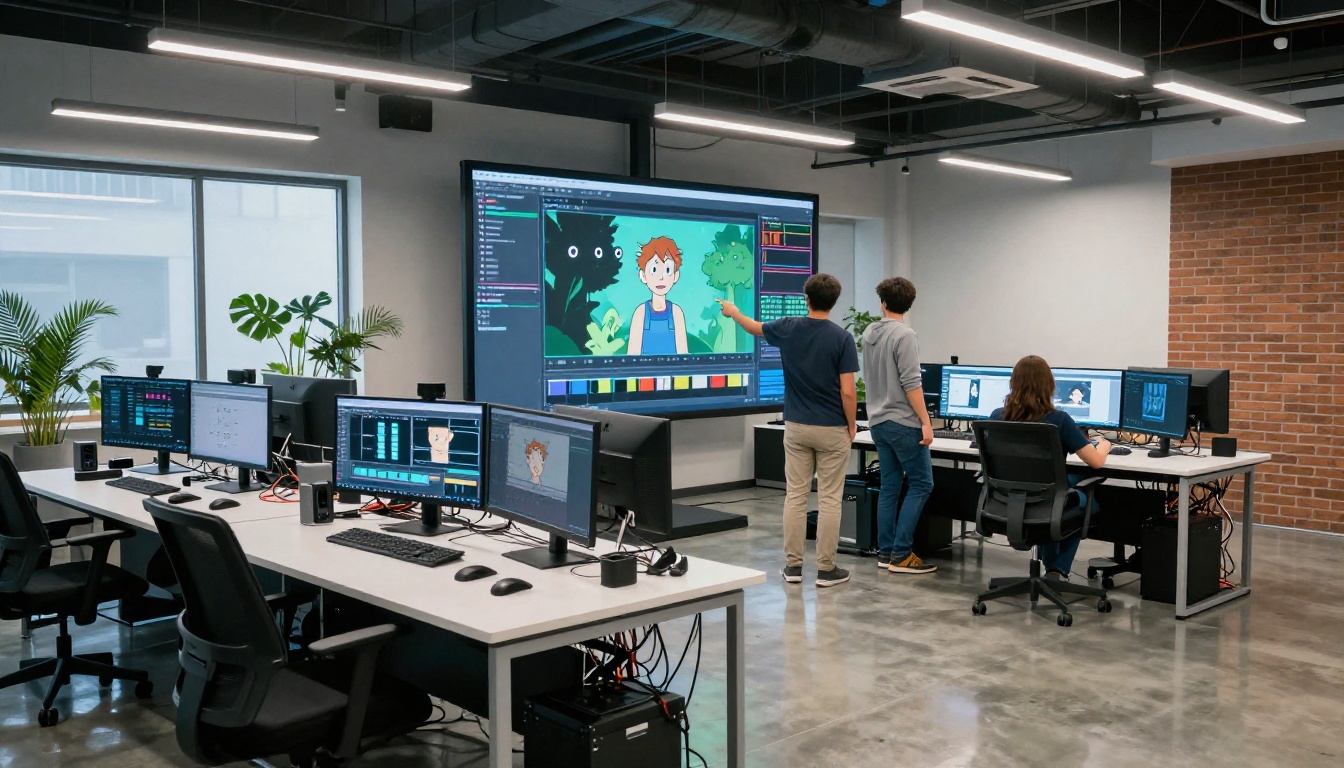 Wide-angle shot inside modern animation studio with collaborating animators at workstations