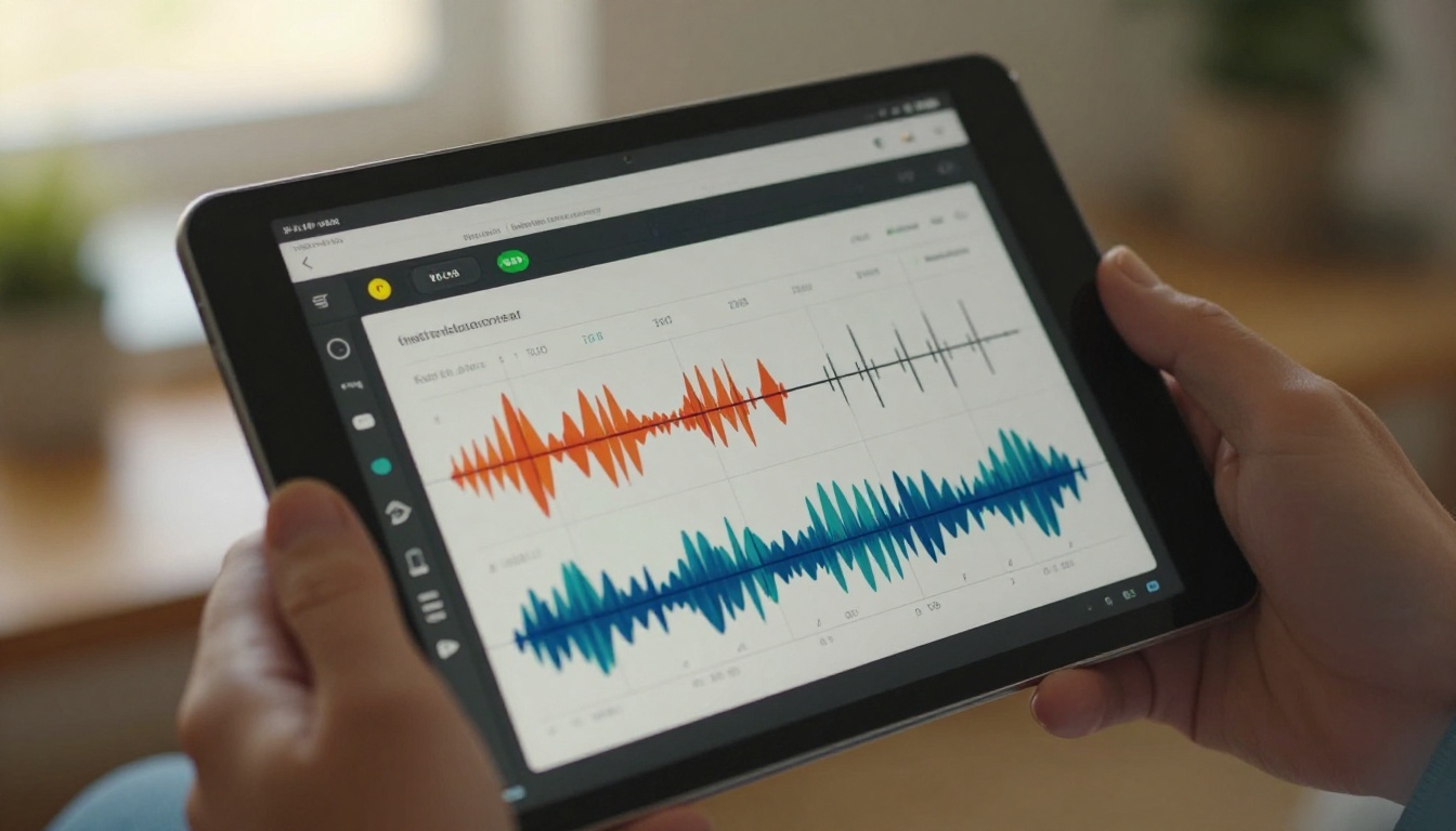 Hands holding tablet showing animation lip sync timeline with colored waveform markers