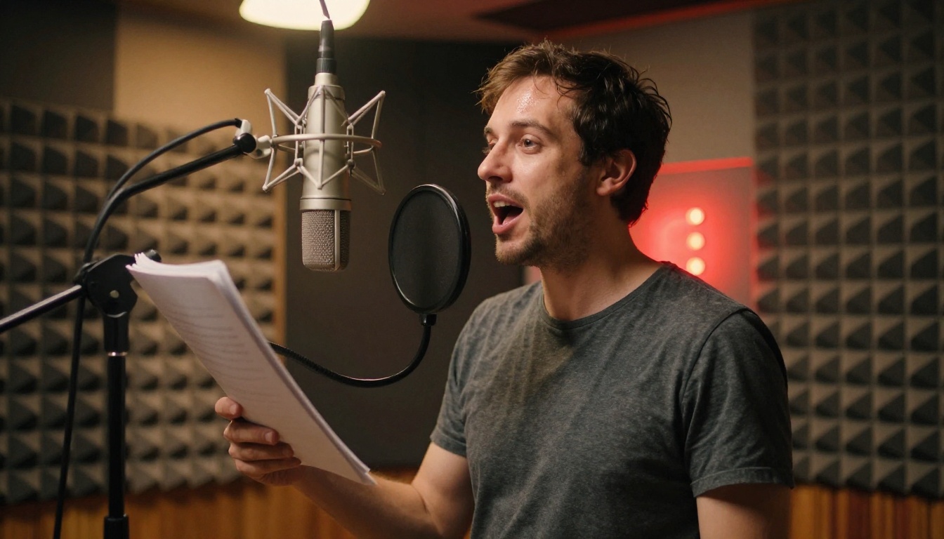 Male voice actor in soundproof vocal booth recording animation dialogue mid-vowel
