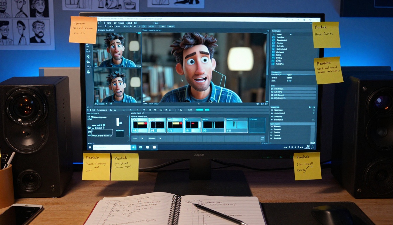 Post-production desk overhead view showing 3D character rigging on monitor with storyboards