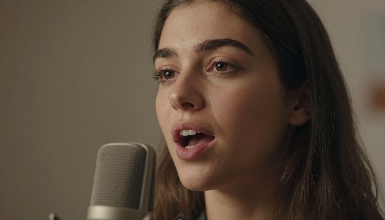 Woman speaking into condenser microphone with warm studio lighting Woman speaking into condenser microphone with warm studio lighting
