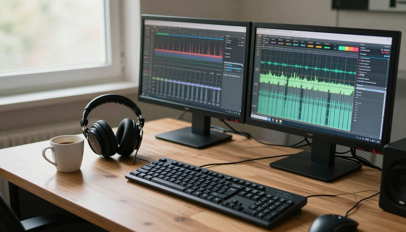 Sound engineer desk with audio waveforms on dual monitors Sound engineer desk with audio waveforms on dual monitors